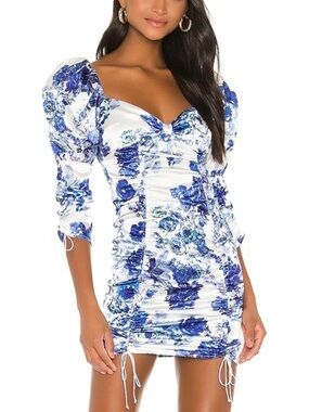 For Love & Lemons White and Blue Floral Puff-Sleeve Mini Dress